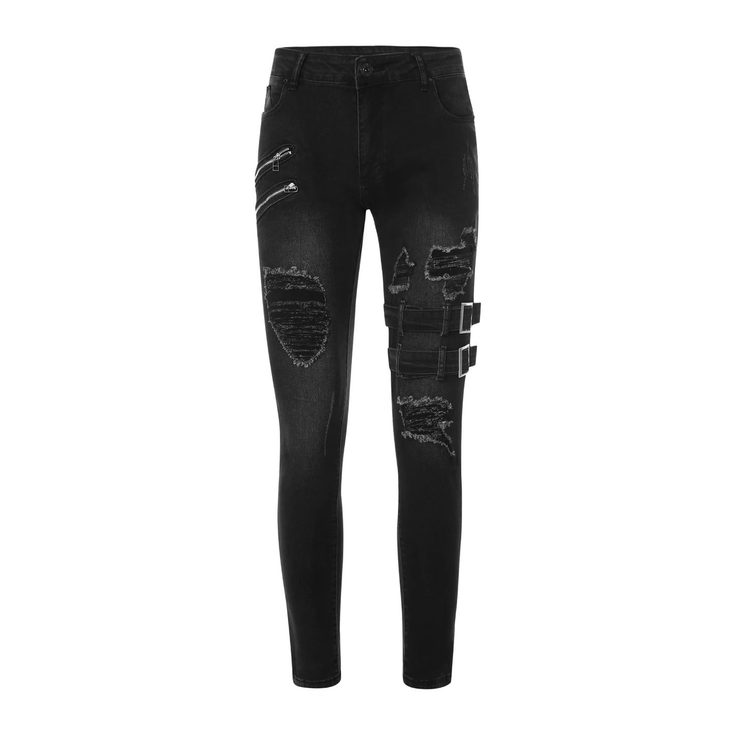 2025 New Men Slim Biker Ripped Long Denim Trousers Skinny Jeans Side Straps Zips Male Jogging Pants Destroyed Stretchy Pants