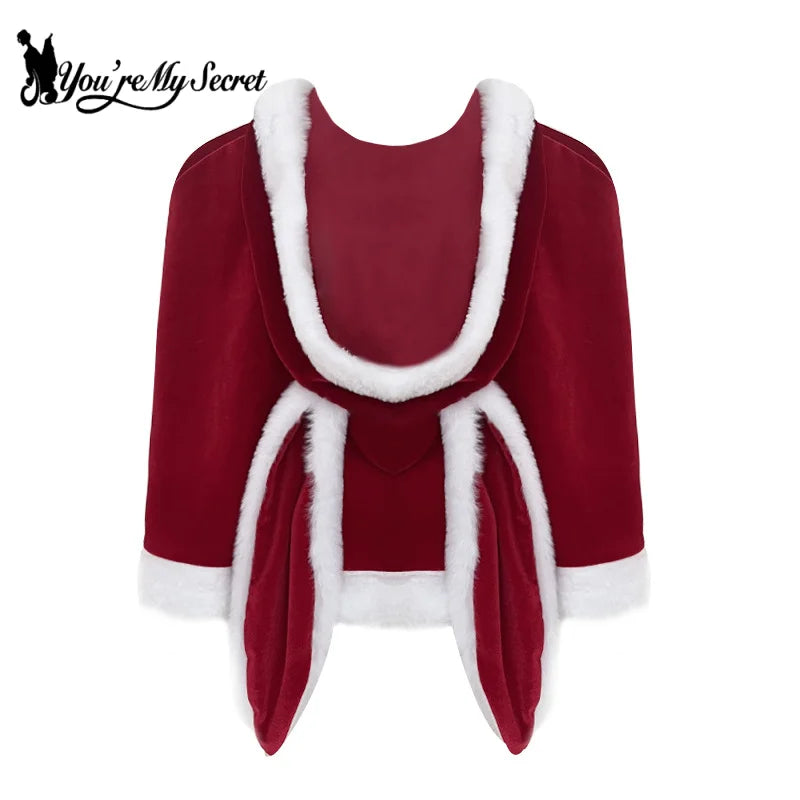 [You're My Secret] Christmas Dress Suit Women Xmas Cosplay Costume Red Suit Party Rabbit Ears Hooded Shawl Christmas Girl Set