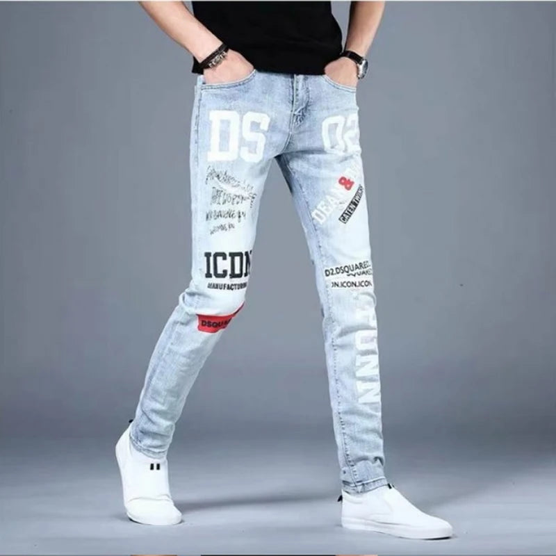 Men Jeans Fashion Street Hip-Hop Jeans Male Punk Style Denim Pants Summer Spring Men Stretchy Slim Fit High Quality Mans Jeans