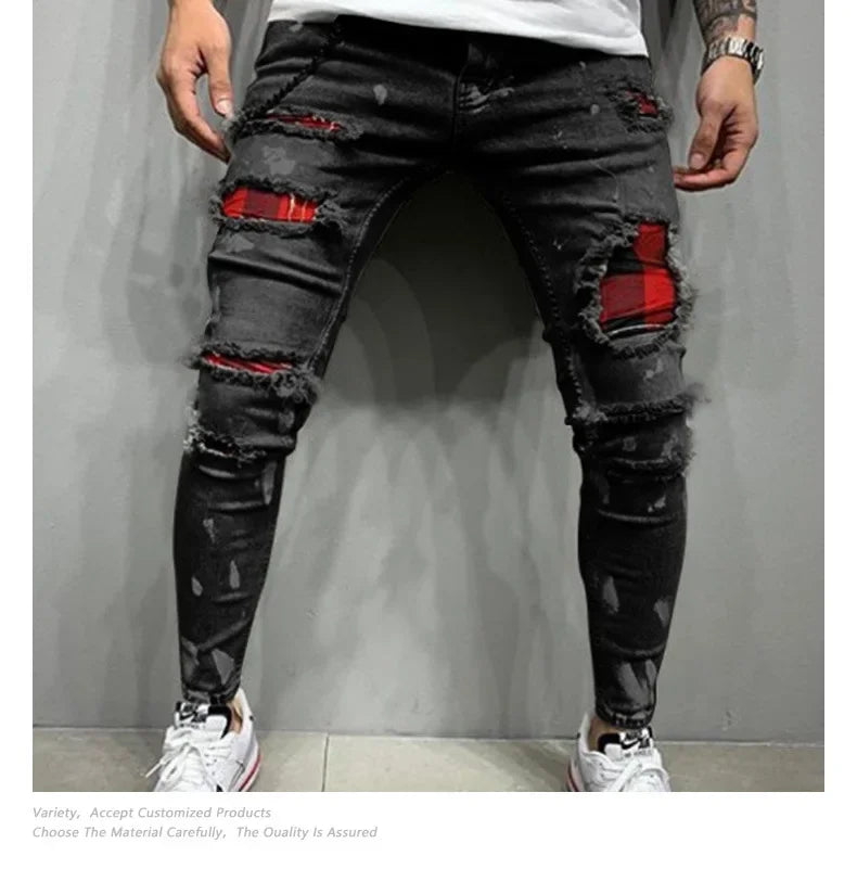 Pantalones vaqueros ajustados de cintura media con agujeros desgastados para hombre, estilo urbano, hasta el tobillo, lavados, 2025