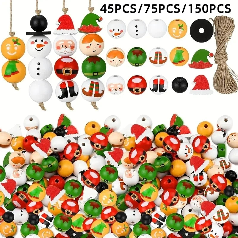 45PCS/75PCS/150PCS Santa Claus Gingerbread Man Snowman Elf Series Christmas Themed Wooden Bead Set, Holiday Party Decorations