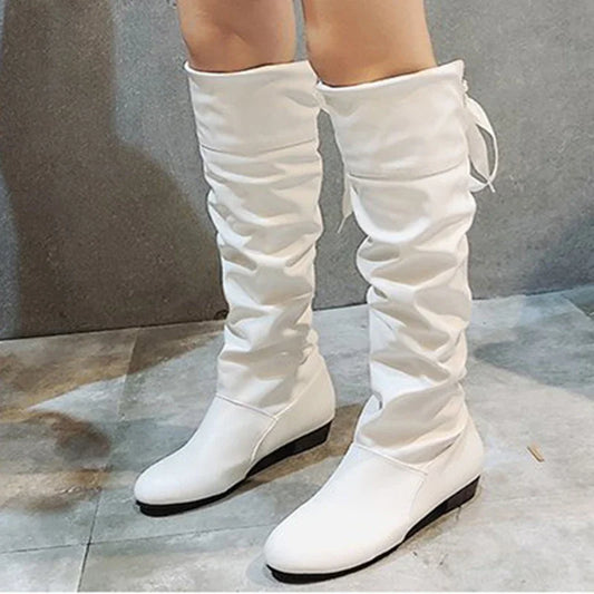 Shoes For Women Spring Knee High Boots Red Black White Tall Boots Woman Pleated Low Heel Casual Leather Female Long Shoes