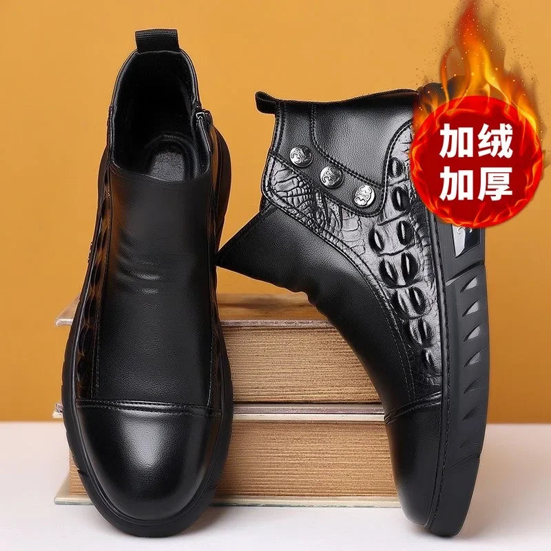 Botas de lujo para hombre, botas de plataforma altas de moda, botas clásicas de cuero para uso casual de negocios, botas de invierno de algodón cálido y afelpado para hombre