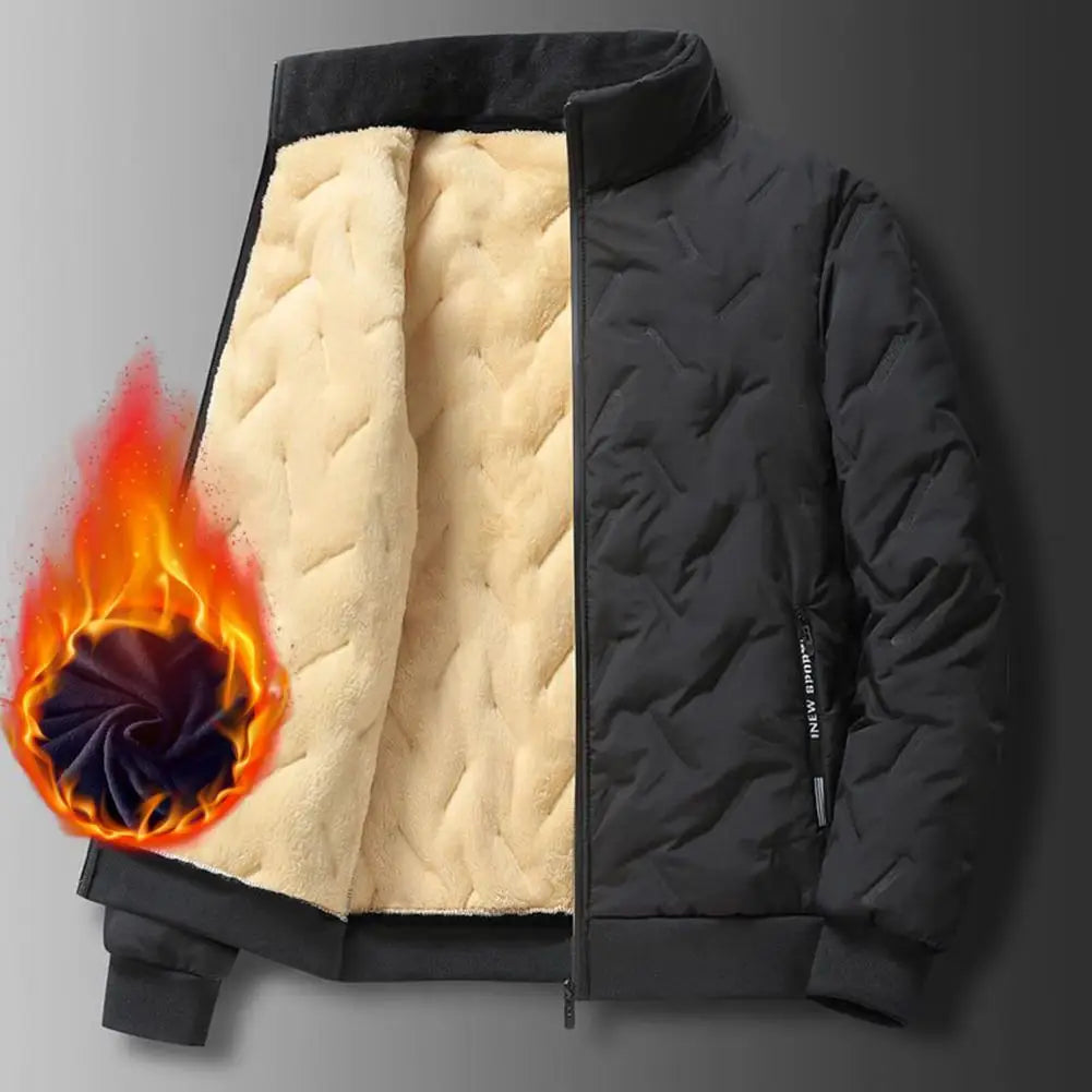 Embossed Lines Jacket Men Jacket Men's Embossed Lines Lapel Jacket with Zipper Pockets Elastic Hem Plush Lining Coat for Warmth