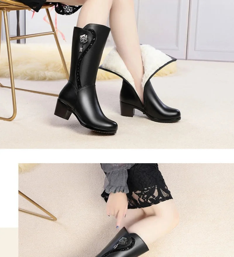 Winter Women's Boots Plush Warm Snow Boots Fashion Mid-calf High Heel Boots for Women High-quality Leather Boot Botas Mujer