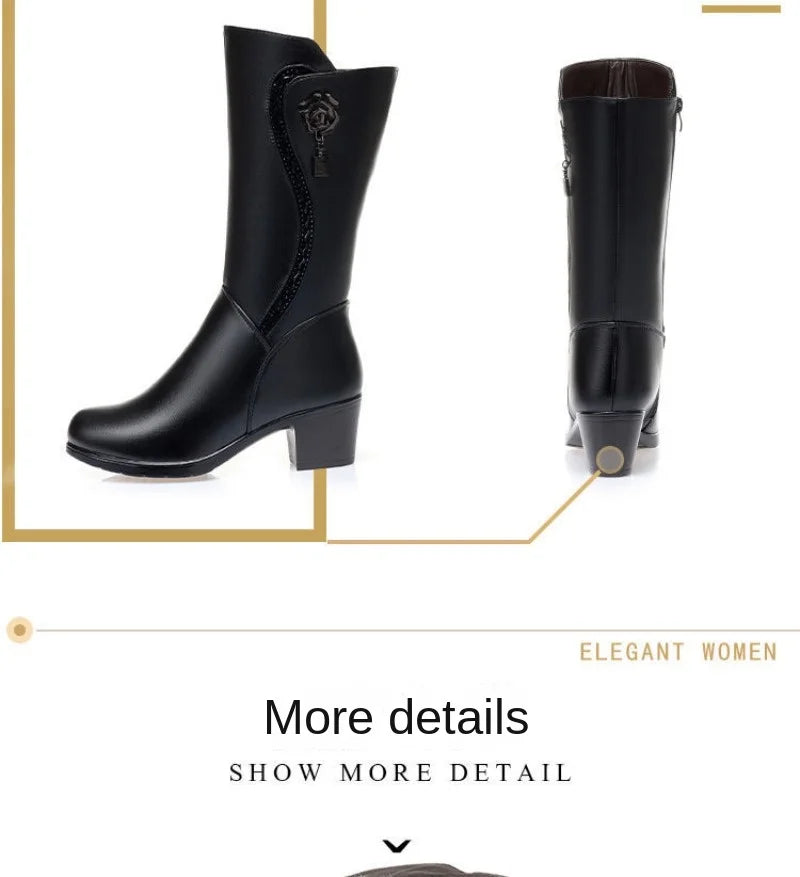 Winter Women's Boots Plush Warm Snow Boots Fashion Mid-calf High Heel Boots for Women High-quality Leather Boot Botas Mujer