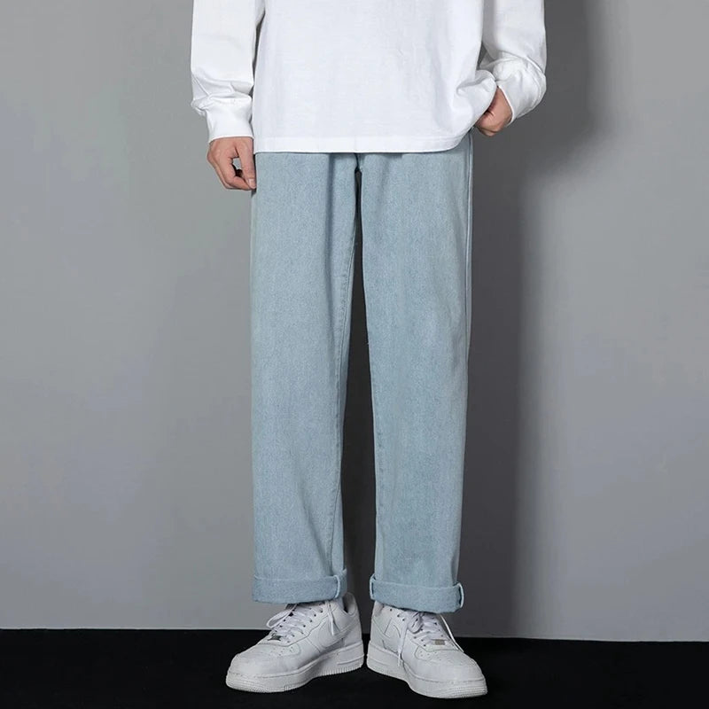 Men Simple Straight Leg Casual Jeans Male Baggy Korean Streetwear Denim Pants Basic Youth Popular Daily Wide Leg Denim Trousers