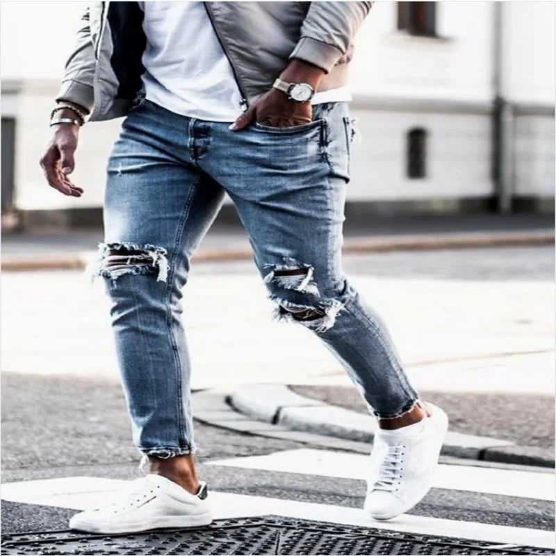 Pantalones vaqueros desgastados para hombre, de otoño, ajustados y adelgazantes, nuevos pantalones elásticos, pantalones de pierna pequeña para hombre.