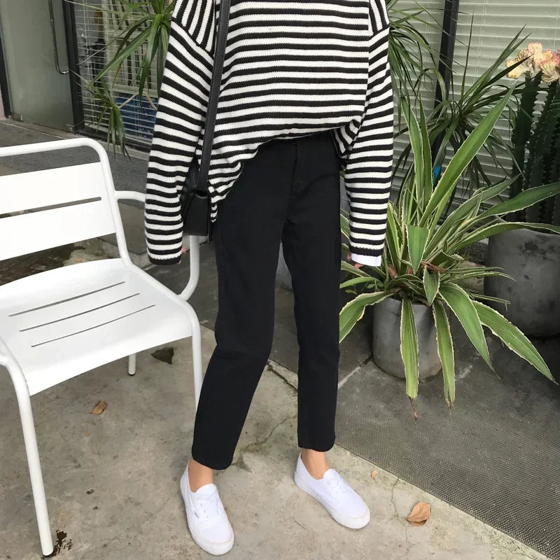 Pantalones vaqueros rectos de cintura alta, holgados, informales, de corte petite, color negro, para mujer, primavera y otoño de 2024