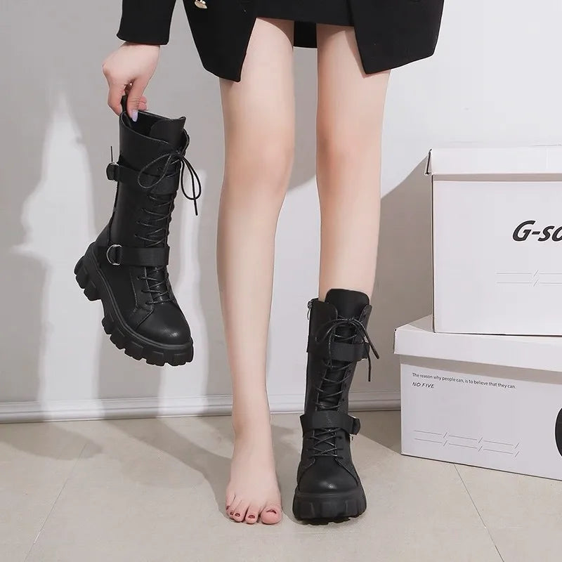 Women's Mid-Calf Boots High Quality Casual Leather Boots Fashion Motorcycle Booties Designer Belt Buckle Knight Boots for Women