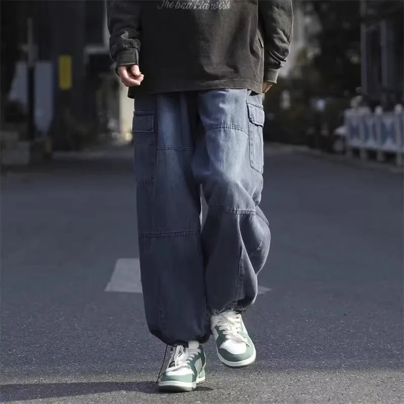 Men Denim Jeans Wide Leg Pants Cargo Long Pant Splice High Waist Loose Casual Button Pocket Straight Trousers Autumn Winter