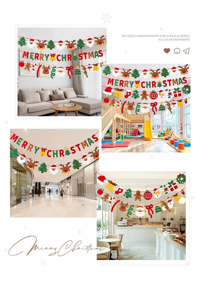 DIY Handmade Pull Flag Banner with LED Light String Merry Christmas Holiday Ornaments Home Room Background Christmas Decoration