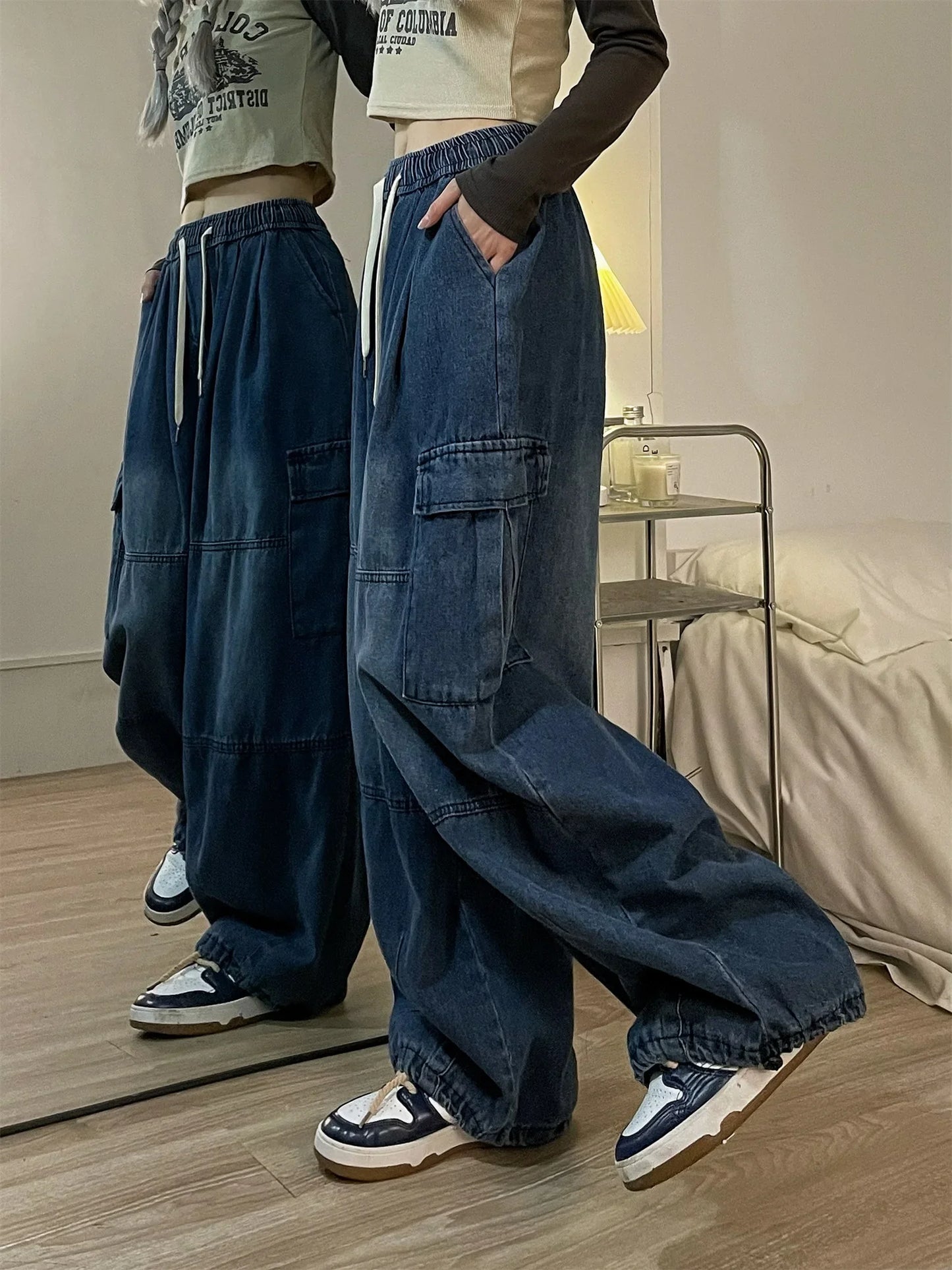 Vintage Blue Cargo Jeans Women Baggy Denim Pants Oversized Y2K Grunge Hip Hop Streetwear Harajuku Casual Wide Leg Trousers