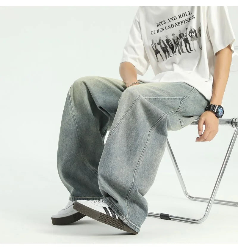 New Vintage Men‘s Patchwork Baggy Jeans Draped Straight-leg Denim Trousers Autumn Korean Fashion High Street Casual Y2K Jean