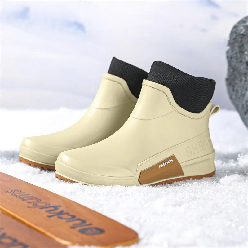 Waterproof Ankle Rain Boots for Men Chef Kitchen Fleece-lined Man Shoes Work Fashion Rainy Day Non-slip Garden Fishing Wellies
