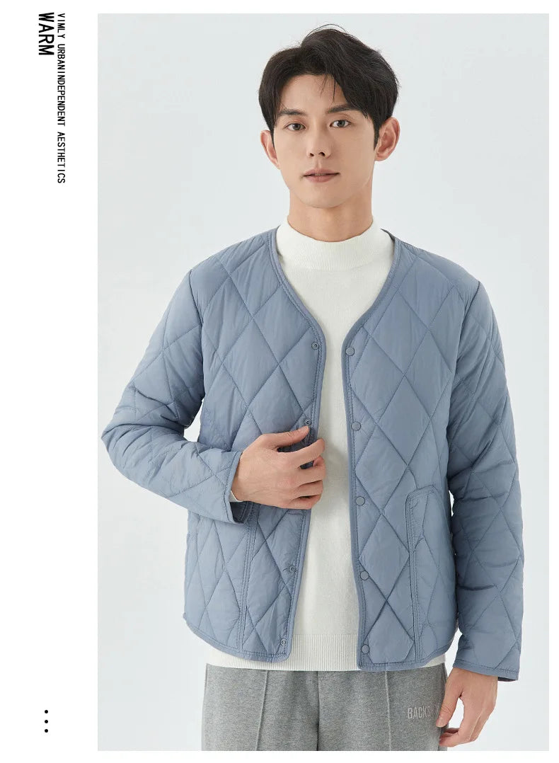 Men's Winter New Lightweight Single-breasted Padded Jacket with Pockets, Young Man Solid Color Argyle Casual Warm Padded Jacket