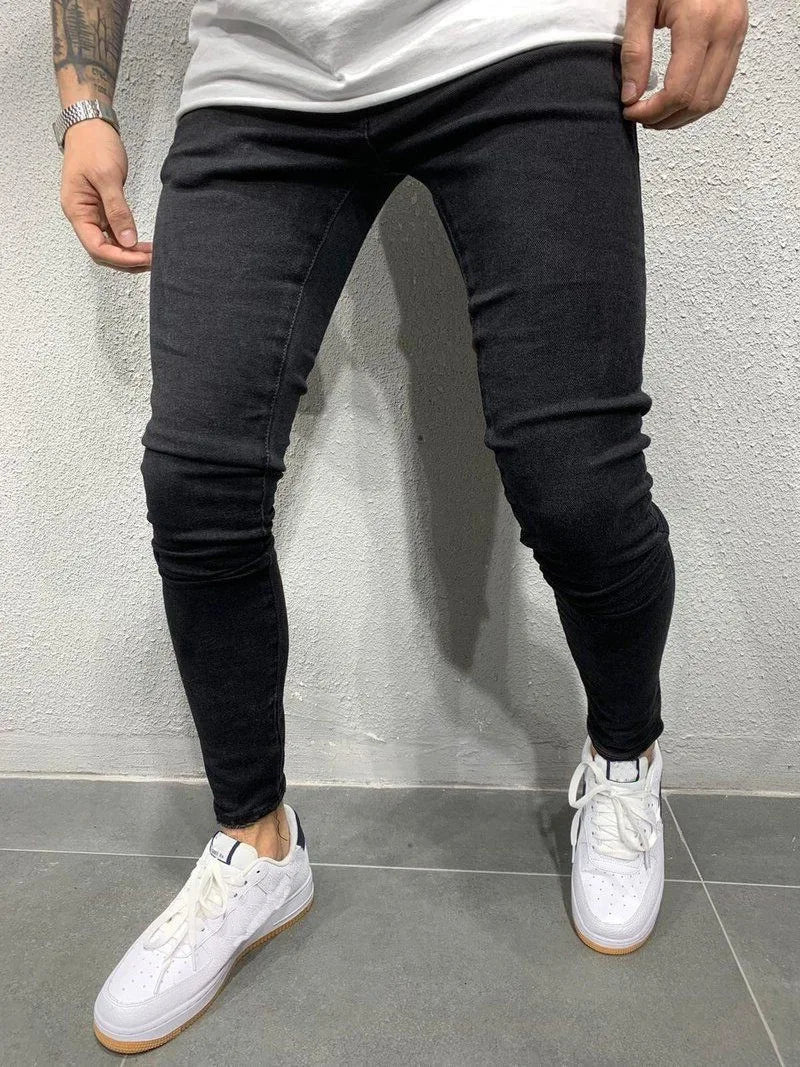 Men Jeans Denim Pencil Pants Sheath Ankle Length Washing Solid Slim Pockets Slight Strech Mid Waist High Street Y2k Streetwear