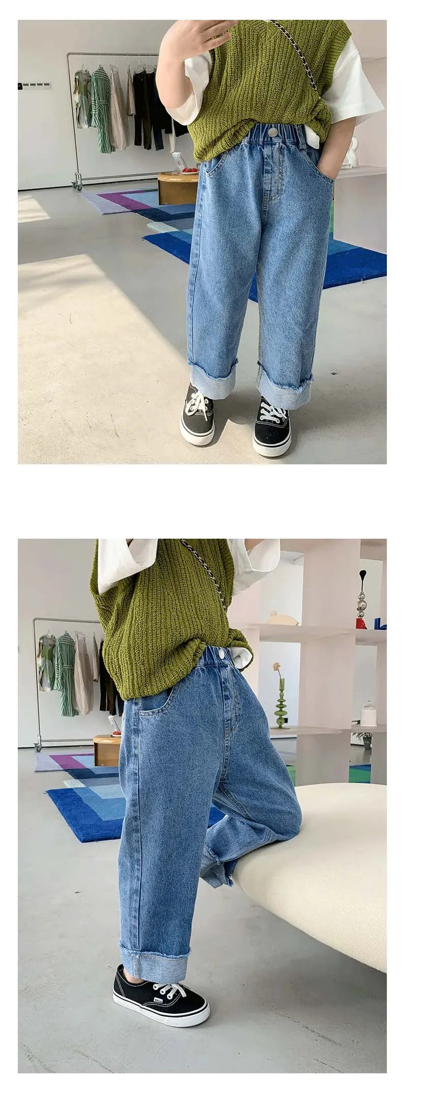 spring summer autumn kids crimped wide leg jeans girls loose thin denim pants children fashion casual trousers 2-10 years girl