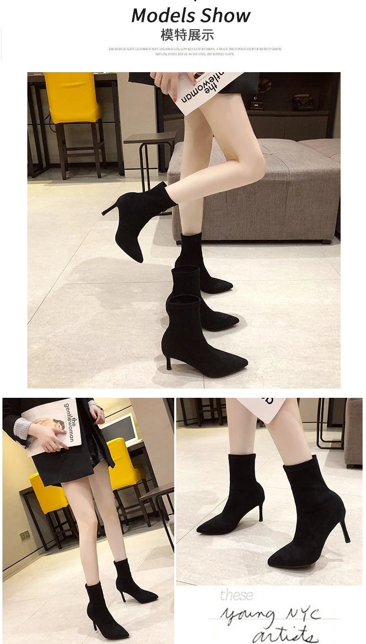 5/7/9CM Luxury Women Black Flock Sock Boots Stiletto Thin High Heels Elastic Knitting Boots Winter Stretch Fabric Ankle Boots