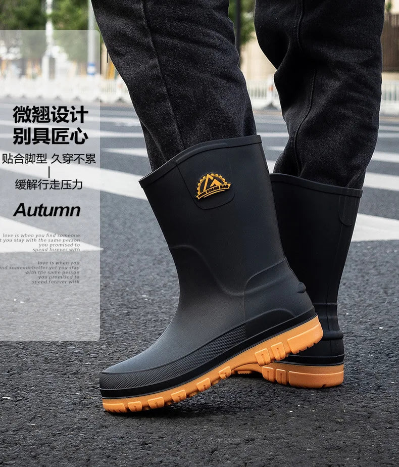 Bottes de pluie décontractées pour hommes, imperméables et antidérapantes, tige mi-haute, chaussures de travail tendance en caoutchouc (prendre une pointure au-dessus pour les modèles en coton)
