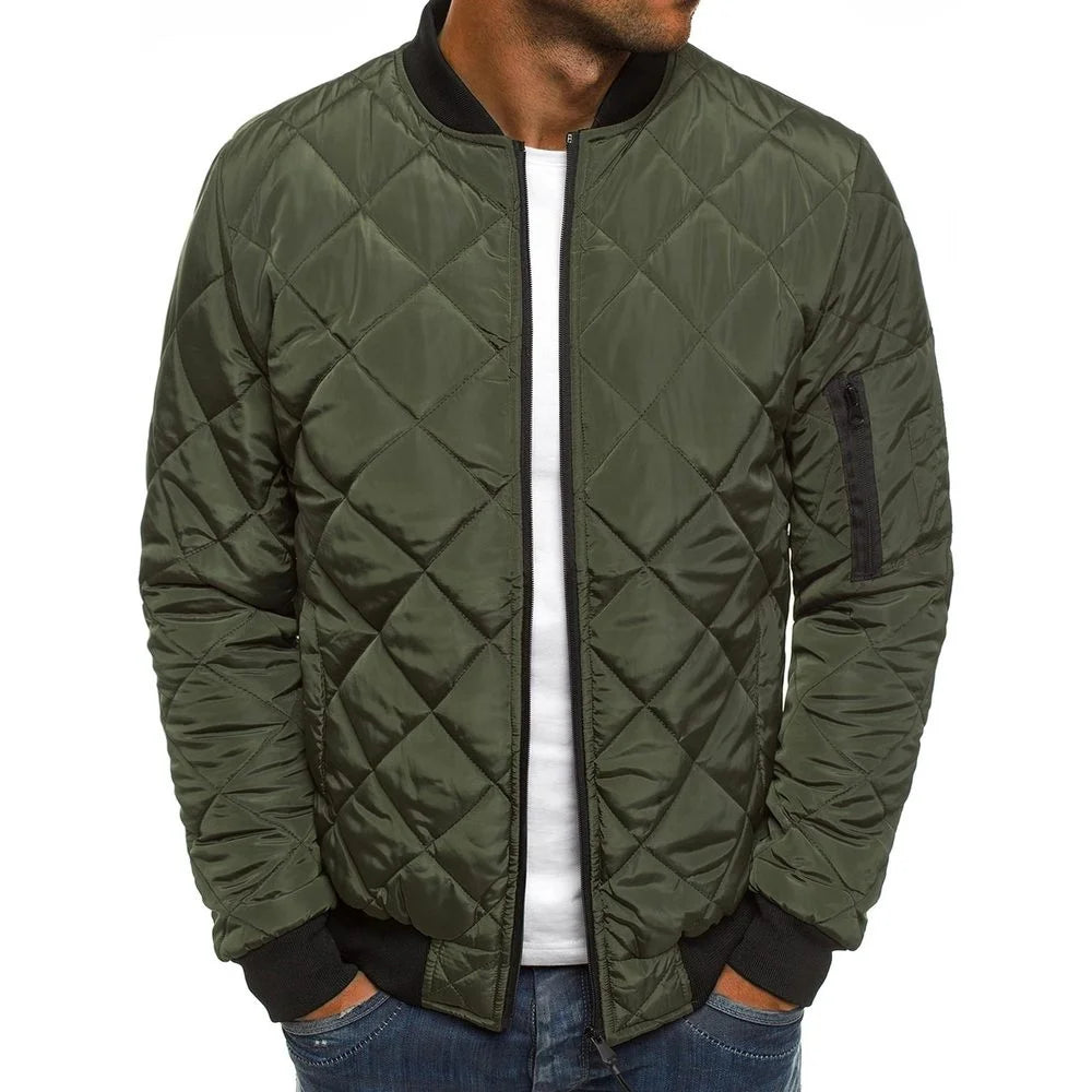 Men's Solid Color Diamond Check Seaming Thickened Standing Collar Cotton-padded Jacket, Winter New Casual Warm Zipper Jacket