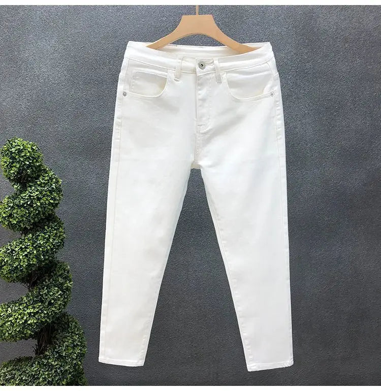 Fashion Luxury Designer Men's White Black Jeans Slim Fit Korean Style Stretch Denim Pants for Summer  Stretch  Skinny Jeans Male