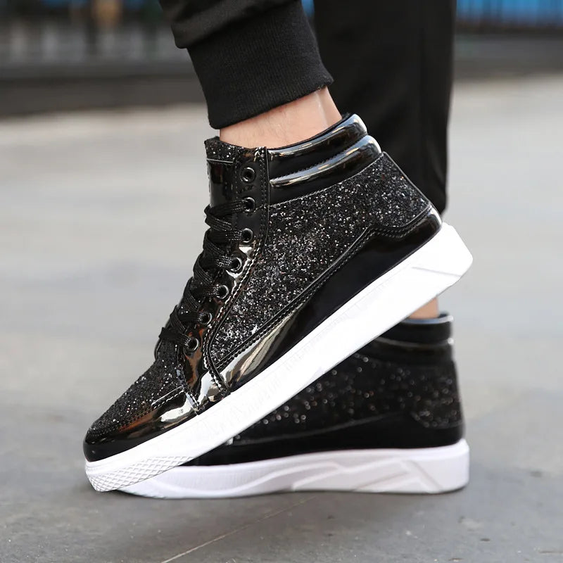Zapatillas altas de moda para hombre, botines de tobillo dorados con purpurina, zapatos de estilo urbano, hip hop, botas casuales, calzado de primavera