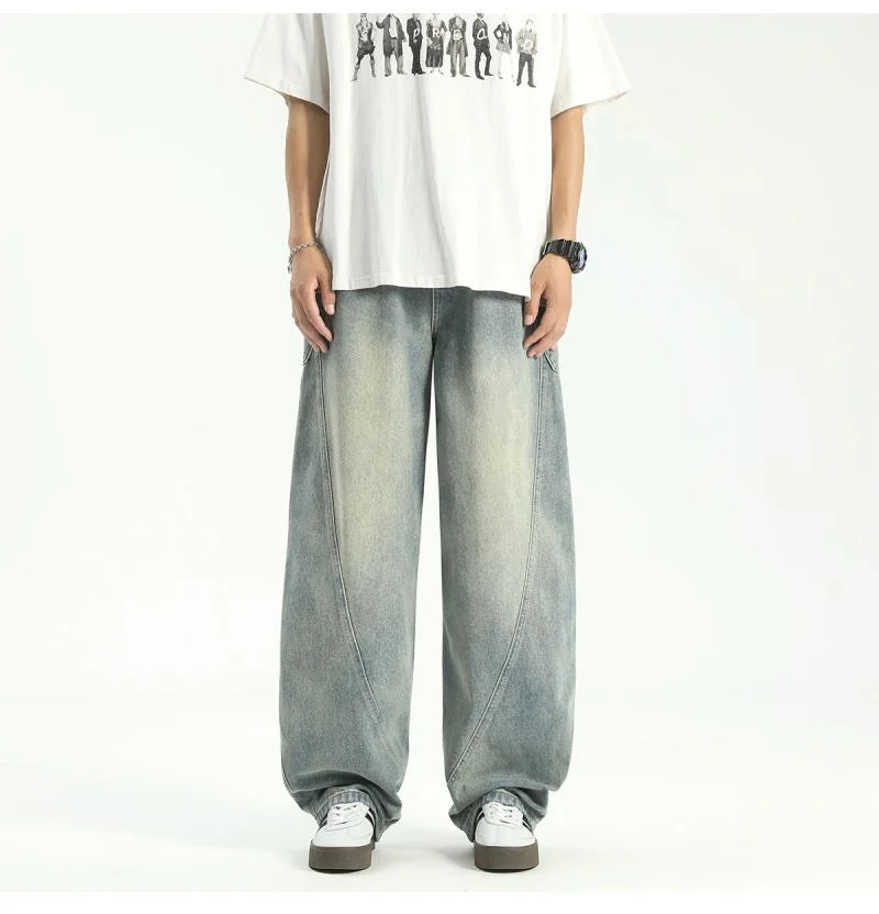 New Vintage Men‘s Patchwork Baggy Jeans Draped Straight-leg Denim Trousers Autumn Korean Fashion High Street Casual Y2K Jean
