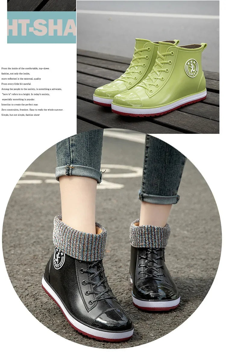 Women's Rain Boots Fashion Warm Cotton RubberShoes Ankle Rain Shoes for Women Waterproof Garden Galoshes Botas Lluvia Mujer