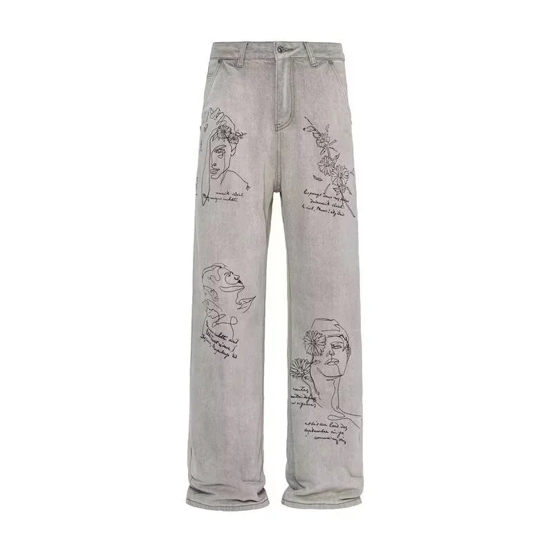 American Retro Graffiti Graphic Printed Jeans For Men Harajuku Fashion Baggy Denim Pants Distressed Y2K Streetwear Jean Trousers