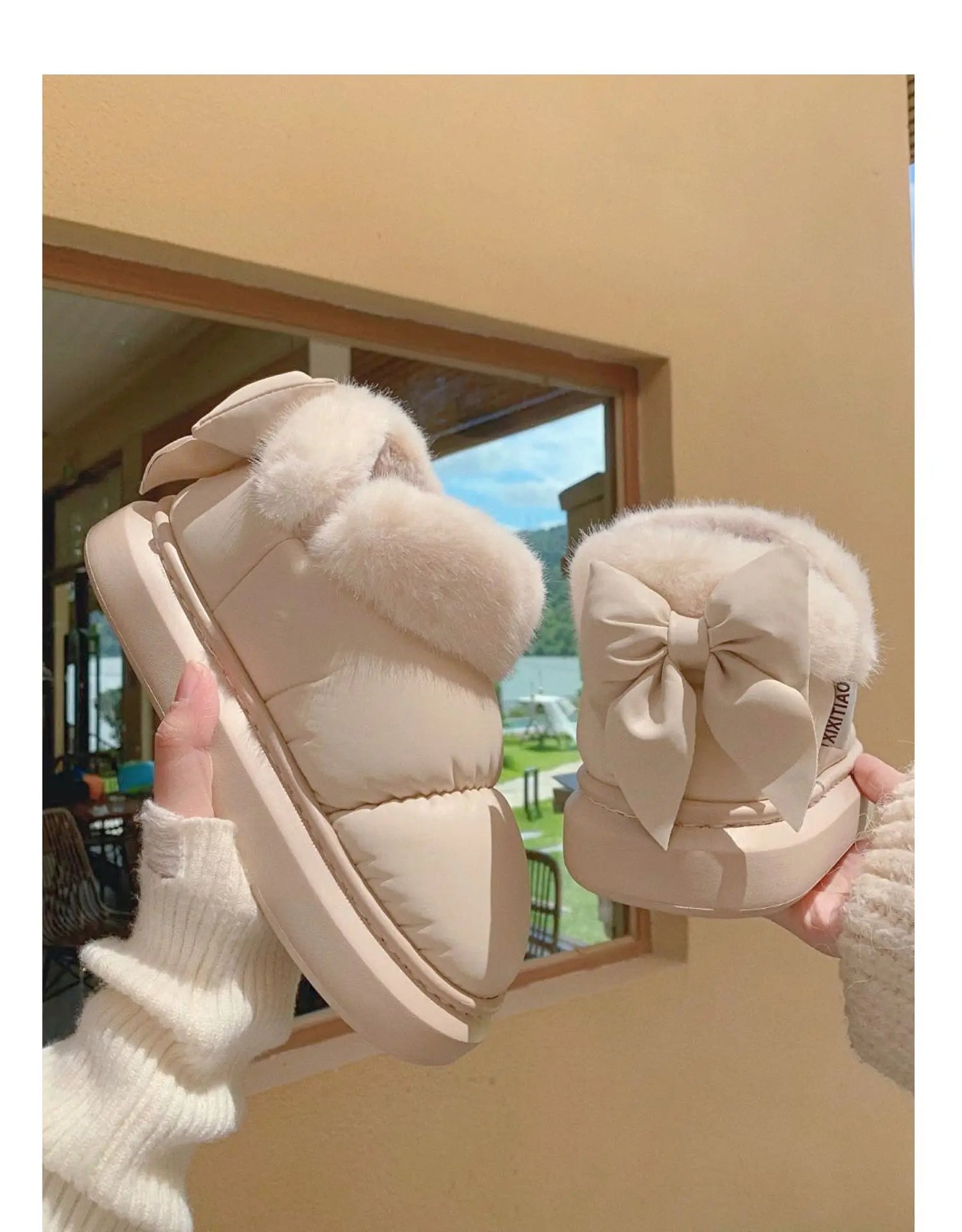 Bow Knot Short Ankle Snow Boots Women Winter Plush And Thick Insulation Waterproof PU Cotton Household Shoes Home Slipper Women