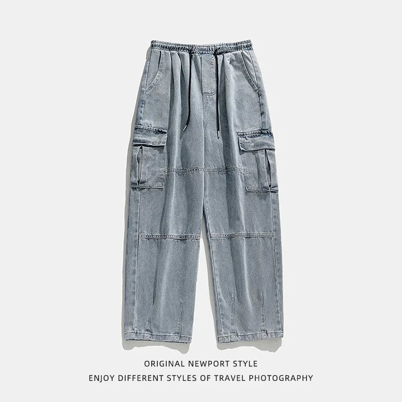 Korean men clothing Japanese style three-dimensional pocket jeans spring new retro vintage washed water workwear men's pants