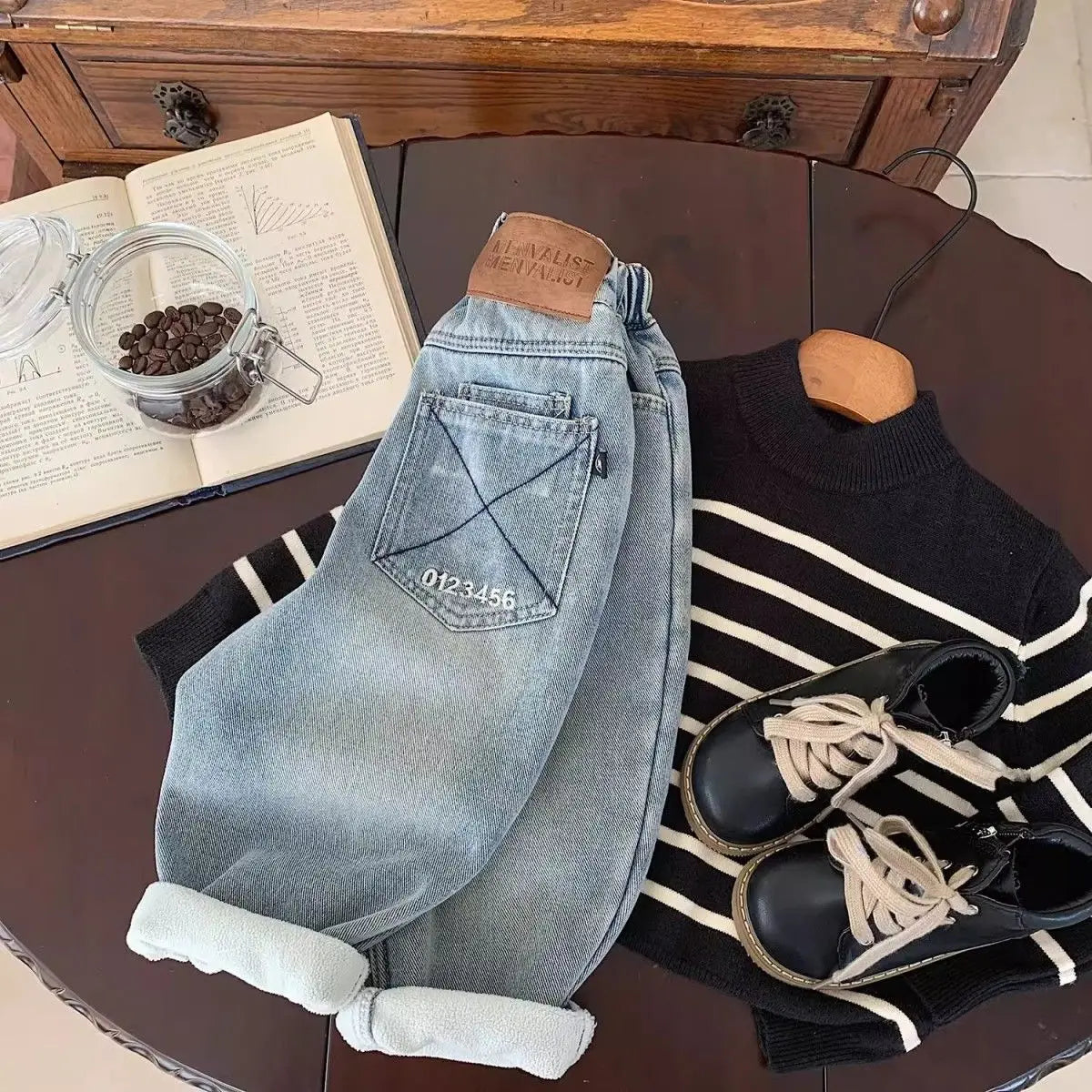 New Boys' All in One Fleece Jeans Autumn and Winter Children's Stylish Warm Pants Kids Handsome Elastic Trousers