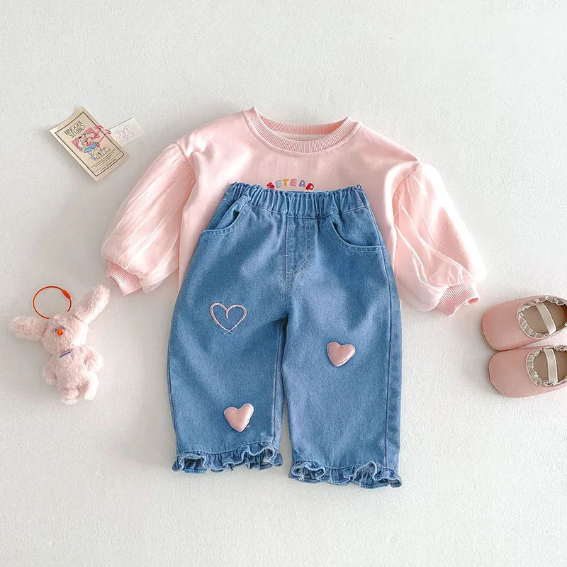 Pantalones vaqueros de estilo coreano para niñas de 0 a 5 años, con dobladillo con volantes y cintura elástica, primavera 2025