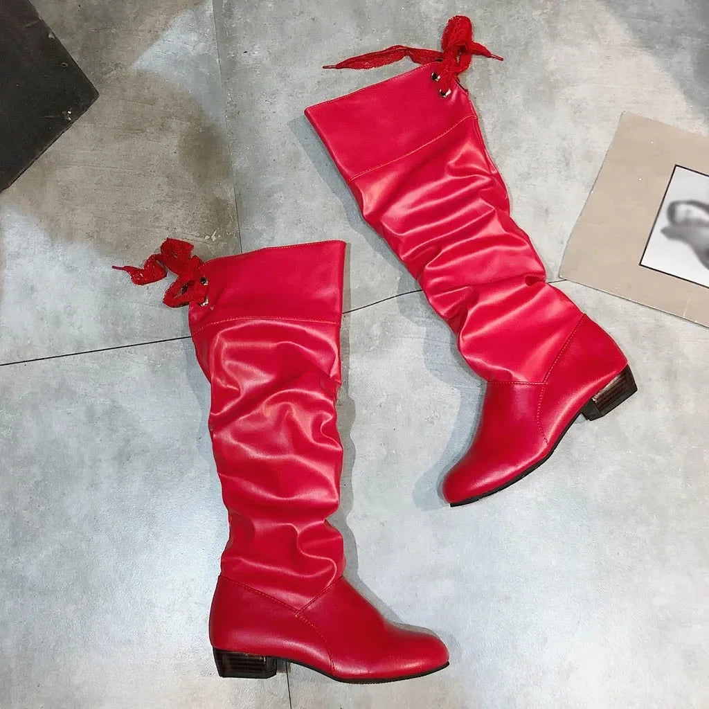 New Fashion Woman’s Autumn Winter Boots Female Stretch PU Leather Shoes Woman Red White Roma Style Knee-Length Plus Size 43