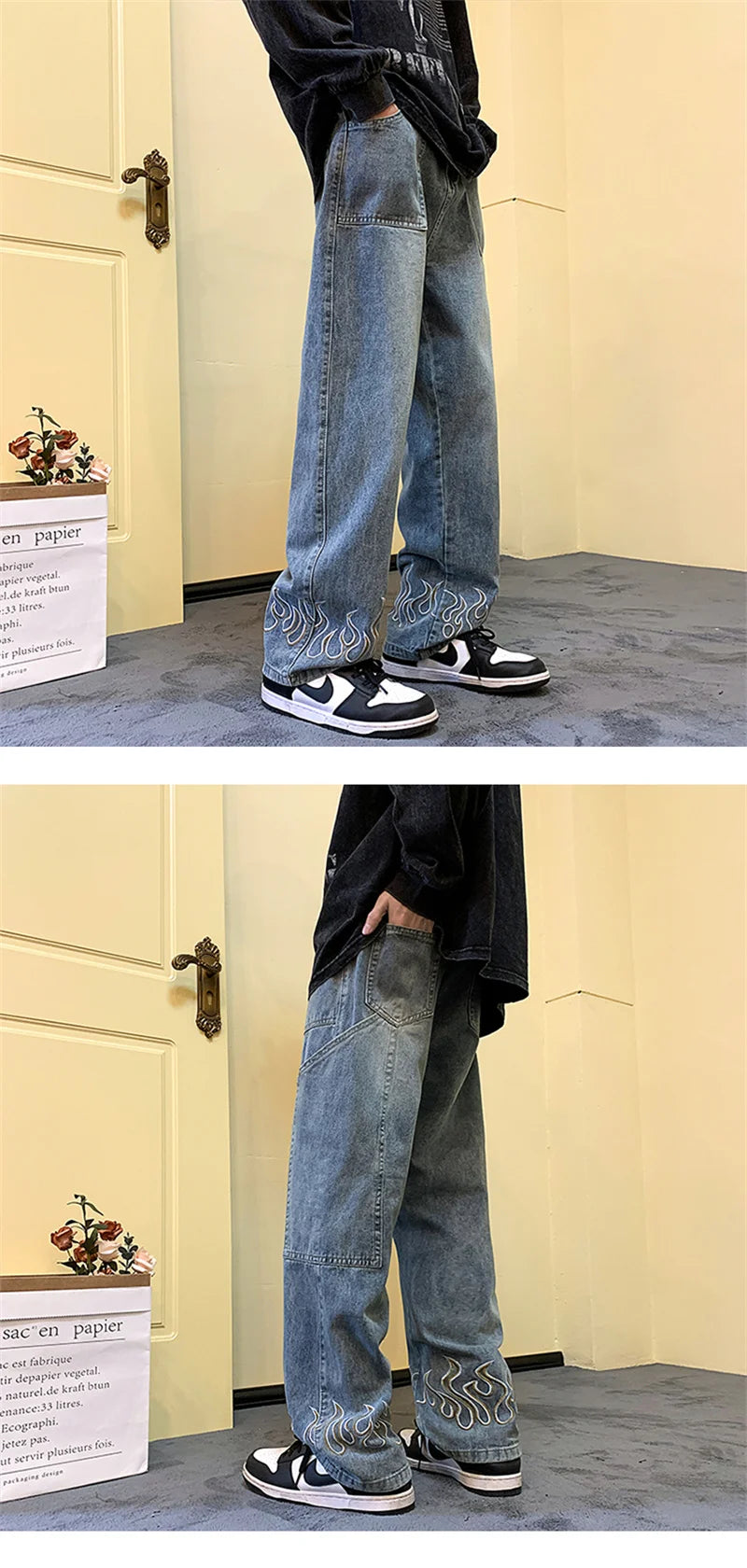 Pantalones vaqueros vintage con estampado de llamas Y2K para hombre, pantalones vaqueros holgados de pierna ancha, pantalones vaqueros rectos de moda hip hop 2025.