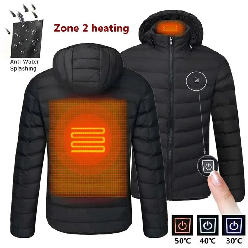2023 NWE Men Winter Warm USB Heating Jackets Smart Thermostat Pure Color Hooded Heated Clothing Waterproof  Warm Jackets