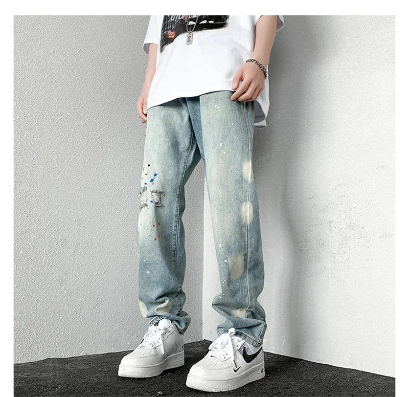 Men's Splashing ink Ripped Baggy Jeans 2024 New Hip Hop Fashion Graffiti Holed Straight-leg Denim Pants Y2k Streetwear Jean