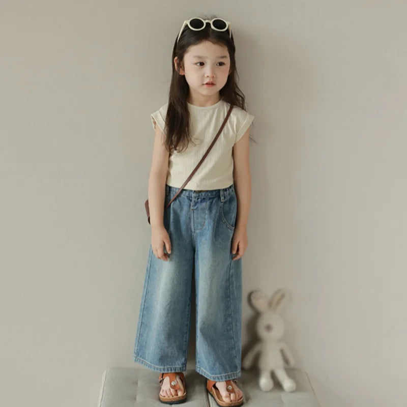 Pantalones vaqueros de cintura alta y pierna ancha para niñas de 3 a 8 años, lisos, con múltiples bolsillos y cintura elástica, pantalones vaqueros casuales de moda para niños.