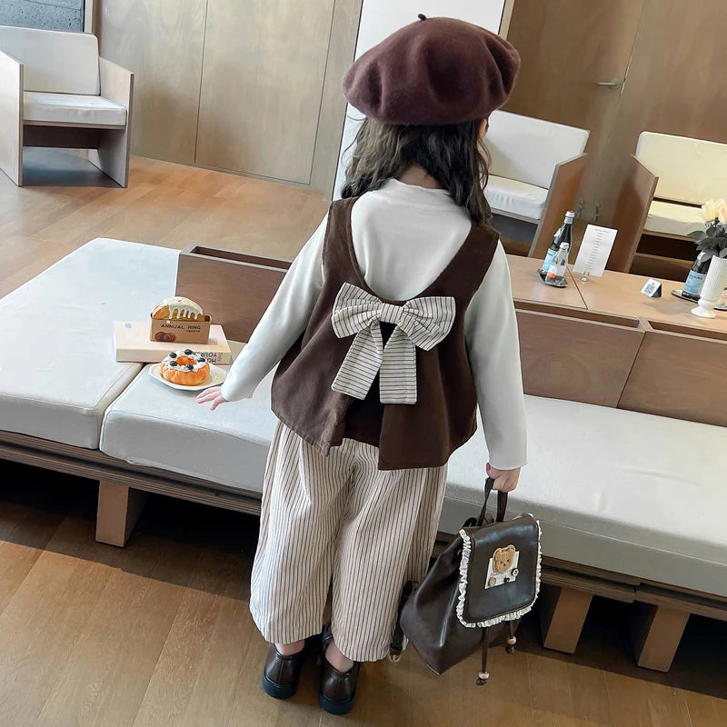Girls Autumn Spring Clothing Set Fashion Children's Bow Tie Vest + Undershirt + Wide-Leg Pants Three-Piece Set 2025 New