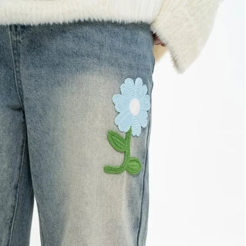 Y2K Vintage Flower Embroidered Jeans For Men High Street Baggy Straight Wide Leg Denim Pants Autumn Design Hip Hop Fashion Jean