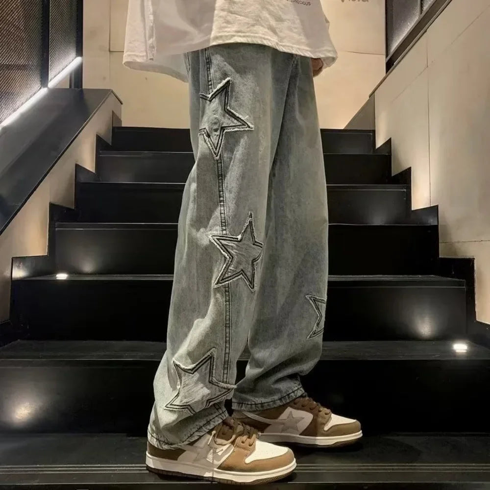 Pantalones vaqueros rectos informales con bordado de estrellas para hombre, estilo gótico, neutros, nuevos, holgados, de pierna ancha, estilo hip-hop, estilo urbano, pantalones vaqueros Y2K para hombre