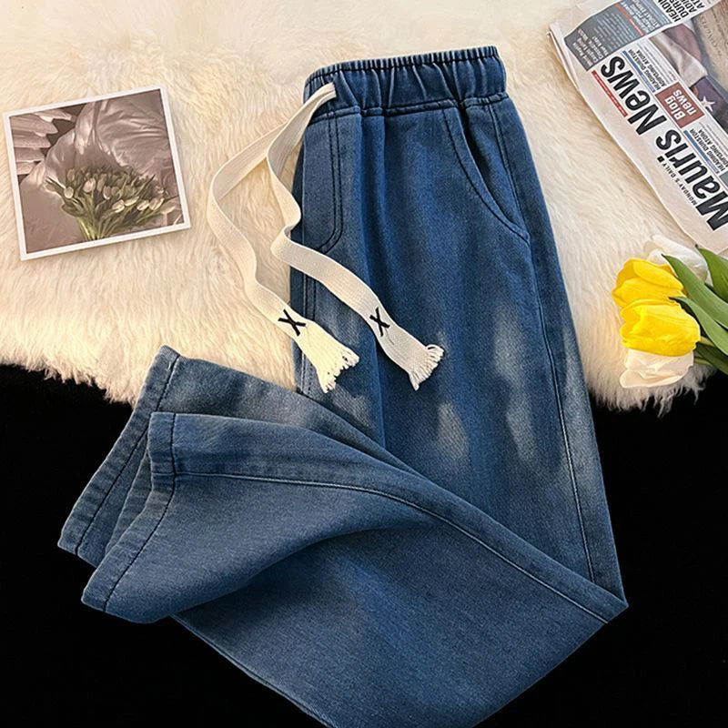 2023 New Spring And Winter Wide-leg Jeans Women Loose Straight Leg All Draped Trousers Students High-waisted Nine-point Pants