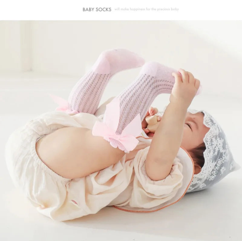 0-2Years Baby Girl Socks with Bow Summer Toddler Baby Cotton Mesh Knee Socks Newborn Infant Non-slip Baby Princess Long Socks