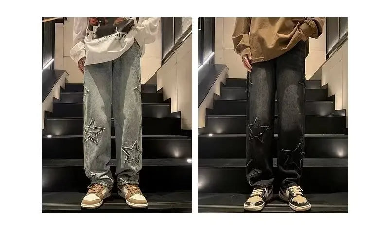 Pantalones vaqueros rectos informales con bordado de estrellas para hombre, estilo gótico, neutros, nuevos, holgados, de pierna ancha, estilo hip-hop, estilo urbano, pantalones vaqueros Y2K para hombre