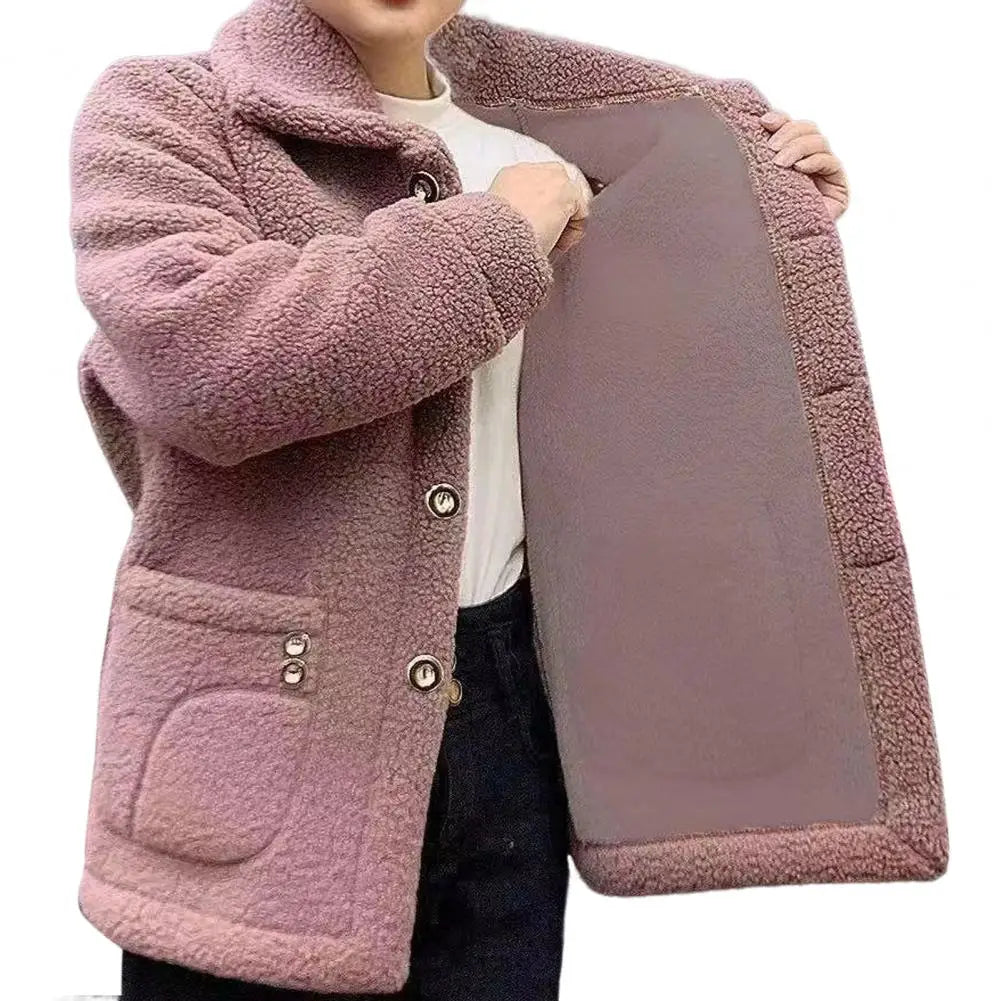 Winter Fleece Coat Thickened Single-breasted with Side Pockets Turn-down Collar Coldproof Solid Color Long Sleeves Outwear Jacke