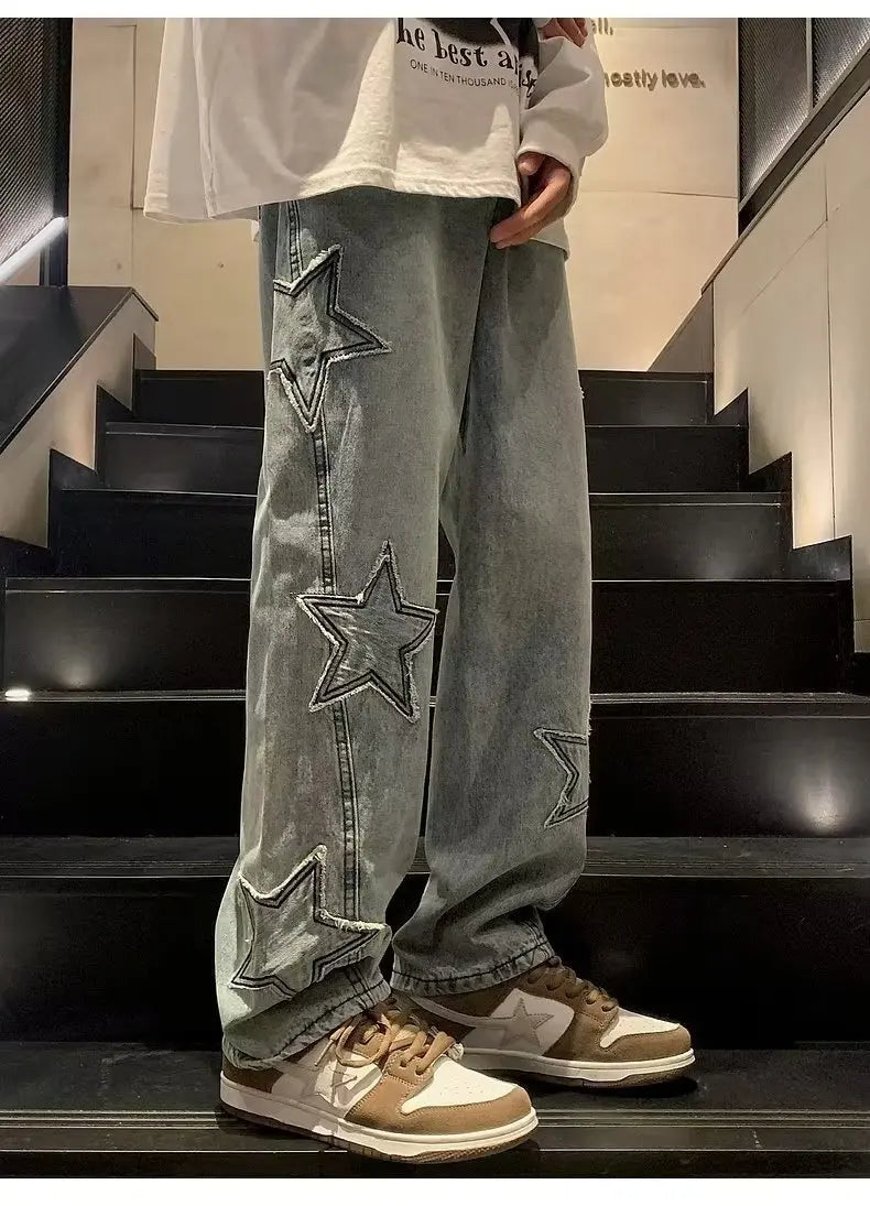 Pantalones vaqueros rectos informales con bordado de estrellas para hombre, estilo gótico, neutros, nuevos, holgados, de pierna ancha, estilo hip-hop, estilo urbano, pantalones vaqueros Y2K para hombre