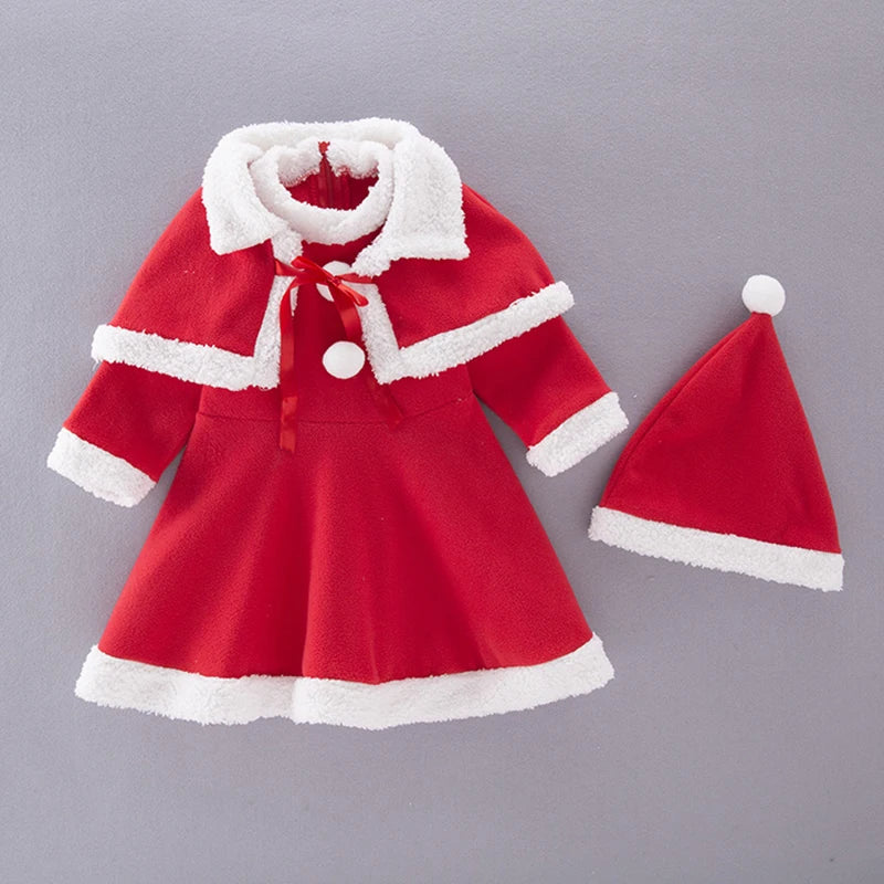 Ensemble robe à manches longues, châle et bonnet de Père Noël pour fille, idéal pour le Nouvel An et les fêtes de Noël. Vêtements rouges pour le carnaval et le carnaval.