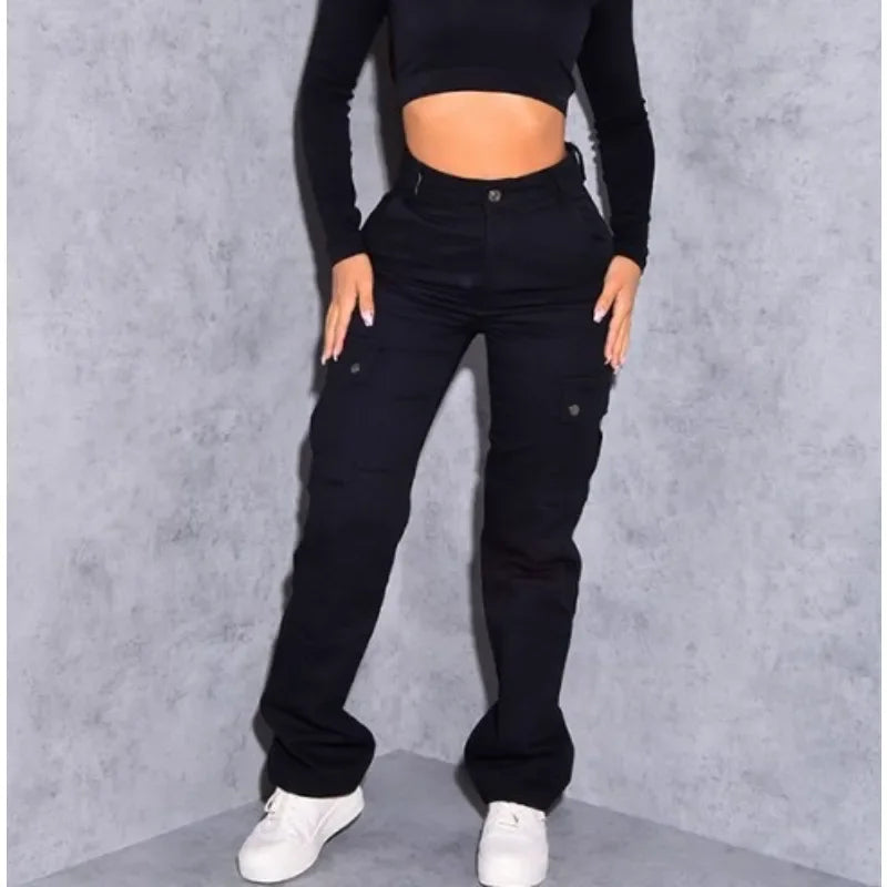 Pantalones vaqueros lisos de cintura alta y elásticos para mujer, novedad de otoño 2023, ropa de trabajo para mujer con bolsillo, pantalones vaqueros rectos, pantalones cargo.