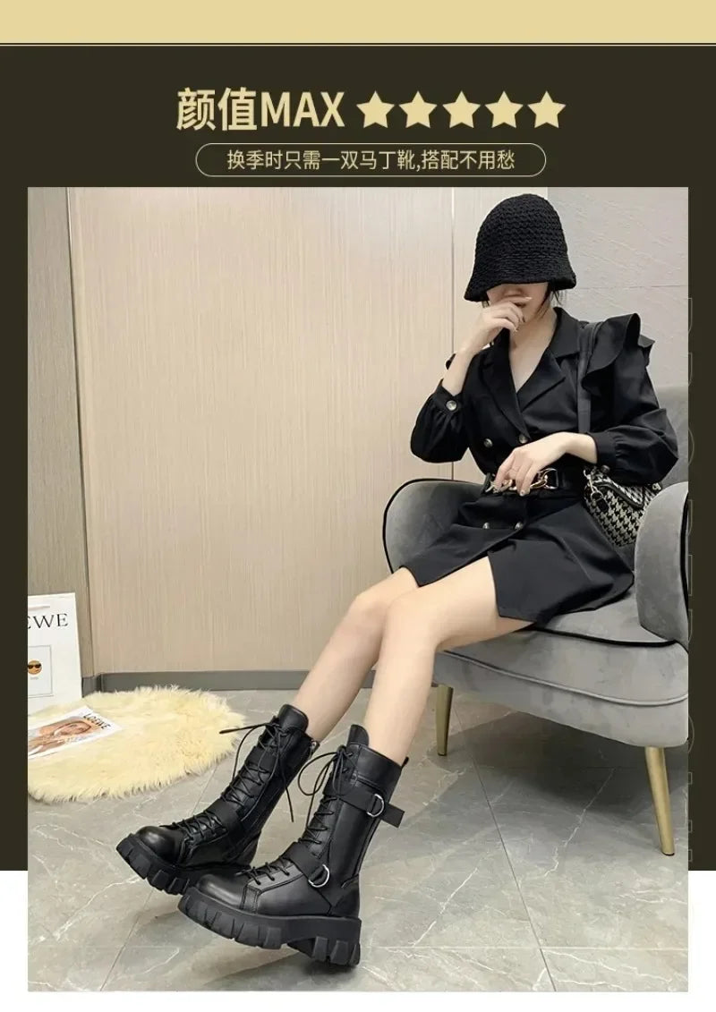 Women's Mid-Calf Boots High Quality Casual Leather Boots Fashion Motorcycle Booties Designer Belt Buckle Knight Boots for Women